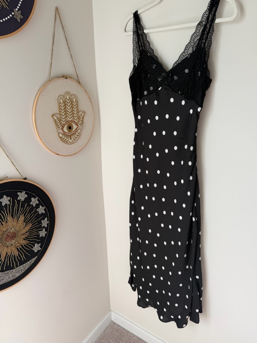 Black white Polka Dot Lace trim sleeveless Slip Maxi Dress